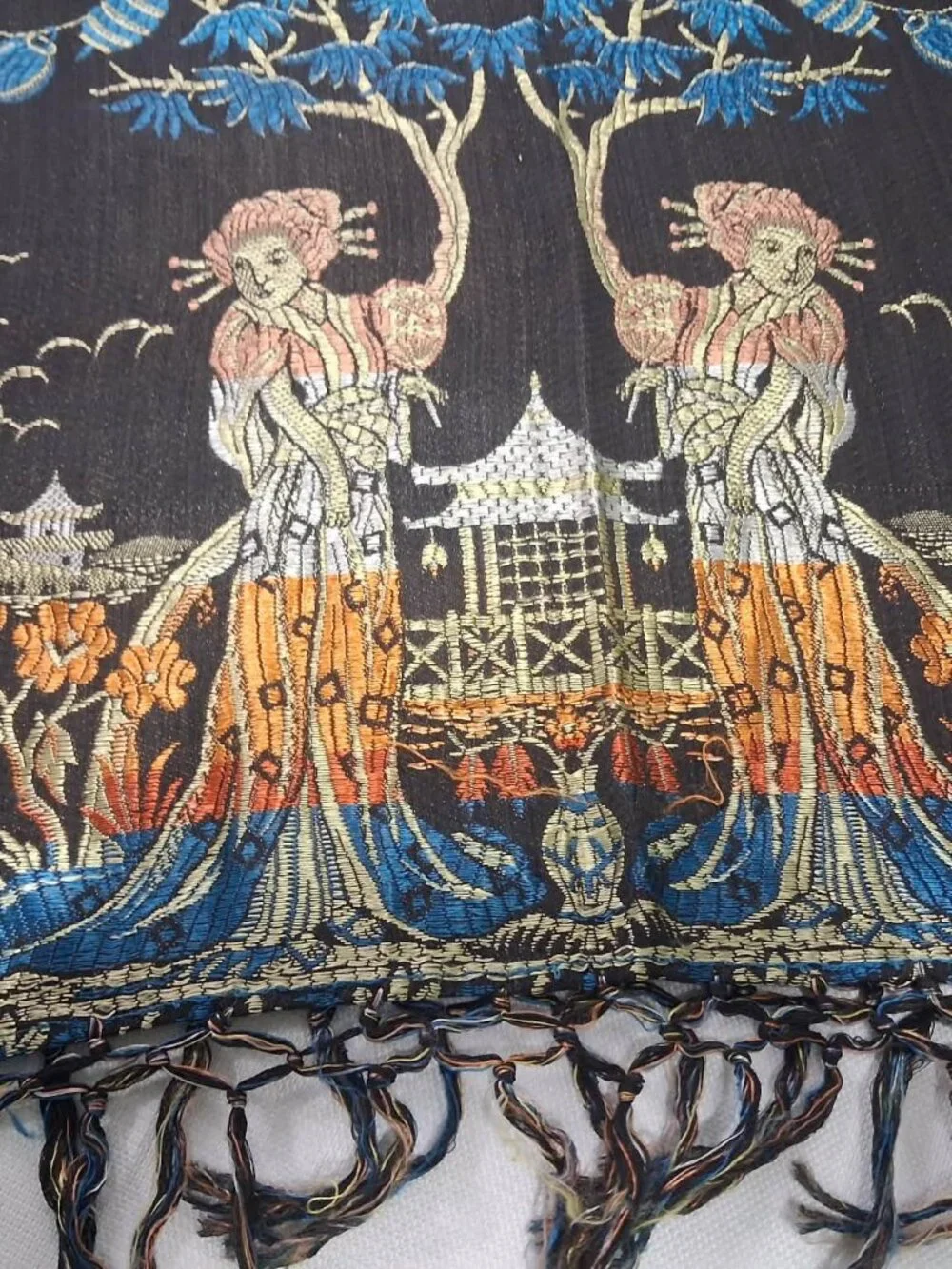 Vintage Asian-Inspired Fringed 48inx48in Shawl, Tablecover, Tapestry, Wall Hang